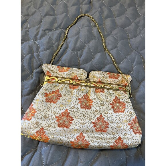 Vintage Rare Tapestry Purse Floral design Metallic Gold...